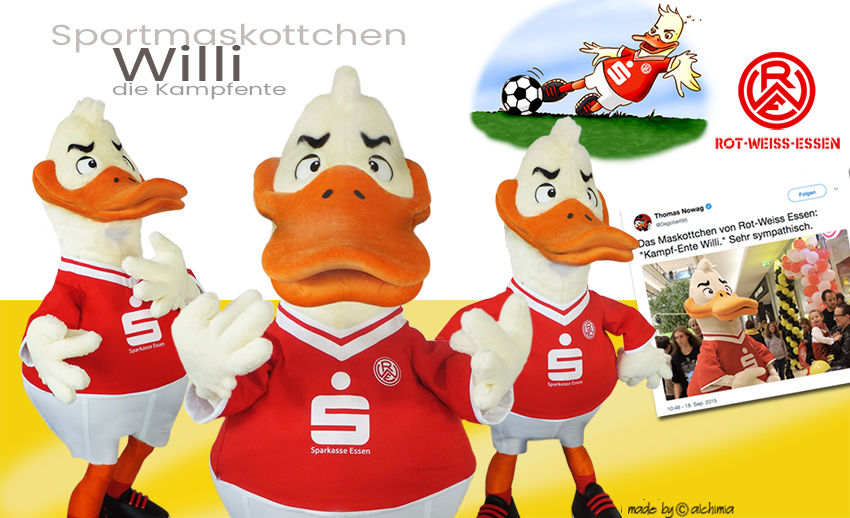 Rot weiss Essen alchimia Produktion Figuren Walk Act Sympathiefiguren Maskottchen Willi die Kampfente
